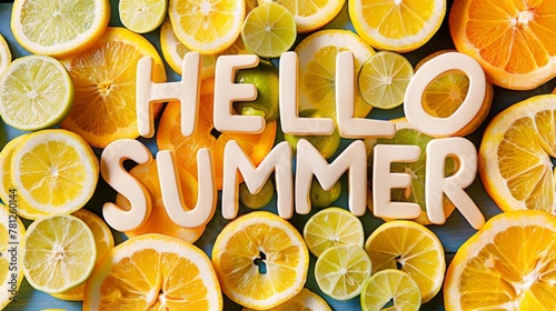 A medley of sliced citrus underpins the Hello Summer message, perfectly capturing the season's juicy essence and vibrant colors photo