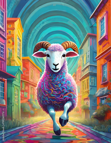 a psychedelic ibex runs through the streets of a colorful town photo