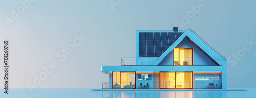 Digital rendering of a futuristic smart home with solar panels on the roof against a serene blue background, showcasing sustainable living and modern design