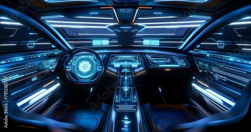 A hyper-modern vehicle cockpit glowing with blue and orange lights, featuring a complex dashboard with holographic displays and futuristic interface design