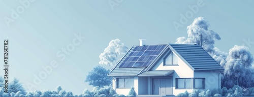 A serene digital rendering of an eco-friendly smart home with solar panels, surrounded by ethereal blue-toned trees under a soft sky, depicting sustainable living