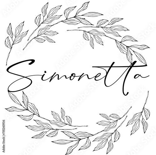 Simonetta - black color - name written enclosed in a circle crown of leaves - vector graphics - for websites, greetings, banners, cards,, sweatshirt, prints, cricut, silhouette, sublimation