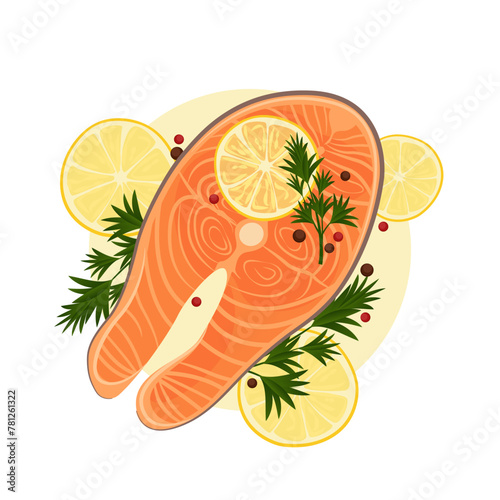 Grilled fish steak illustration. Grilled fish steak. Baked steak on the grill. BBQ fish.