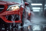 Red Car Driving Down Wet Street. Generative AI
