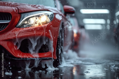 Red Car Driving Down Wet Street. Generative AI © Uliana