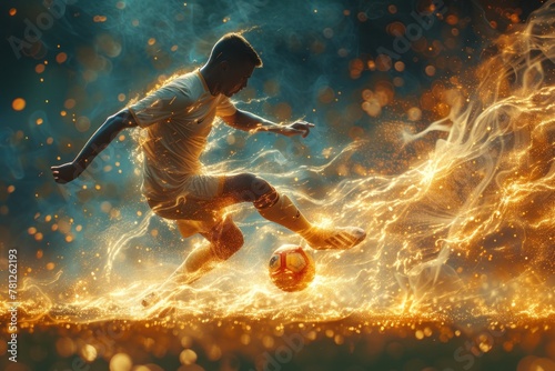 Man Kicking Soccer Ball on Field. Generative AI photo
