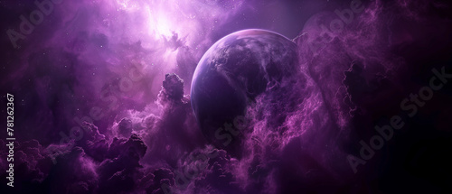 planet in a strange dark purple clouds on dark starry space galaxy