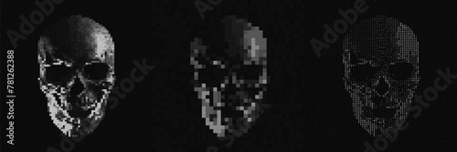 Skull in Three Different Old School Styles - Pixel, ASCII, Cross Hatched Lines. Danger Piracy Skull Sign. Hacking, Computer Virus Trojan Concept. Malware Ransomware Deadly Code Vector Illustration.