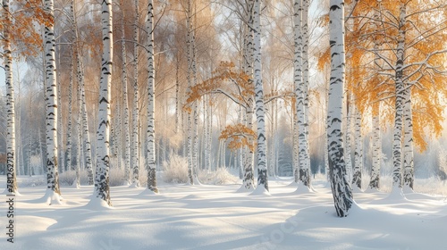  Snow-covered forest painting with trees in the foreground and yellow foliage in the background