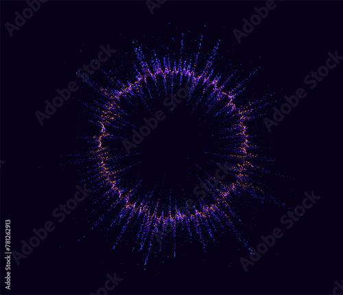 Particles Circle Frame. Particles Shockwave Effect on Dark Background. Digital Explosion. Radial Sound Explosion Wave Music Visualization. Colorful Equalizer Background. Vector Illustration.
