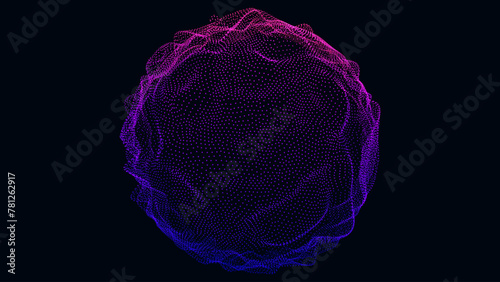 Abstract Deformed 3D Sphere. Bright Glowing Radial or Circular Digital Equalizer. 3D Illuminated Distorted Sphere of Glowing Particles and Lines. Visualization of Voice, Music Playback. EPS10 Vector