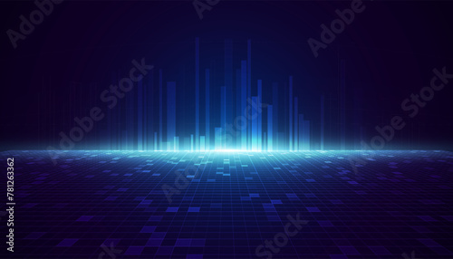 Abstract Digital Technology or Science Background. Blue Perspective Grid with Light Effects. Digital Pixels 3D Floor Tech Backdrop. Vector for Your Graphic Design.