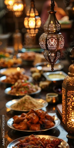 Traditional Middle Eastern Iftar Feast with Intricate Lanterns at Dusk