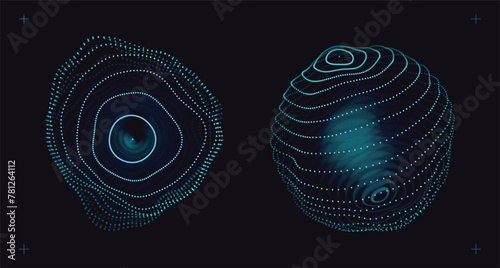 Spheres of Dots Particles. Atom Orb Technology Abstract Design Elements. Collection Of Minimalistic Geometric Design Sci-Fi Elements. Futuristic VR Digital Vector Illustration.