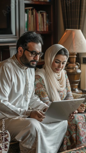 Young Middle Eastern Couple in Traditional Attire Working Together Indoors