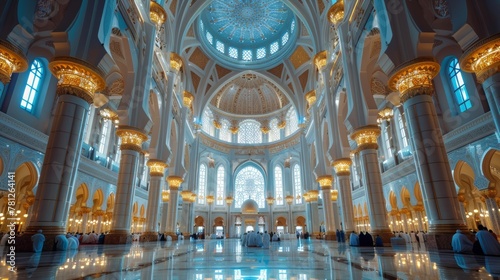 Serene Moment in Grand Mosque Interior with Worshippers Gathering Underneath Ornate Dome photo