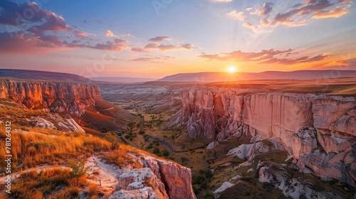 Experience the stunning and vibrant summer scenery of a canyon at sunset  surrounded by breathtaking nature in the Tasyaran Canyon in Turkey.