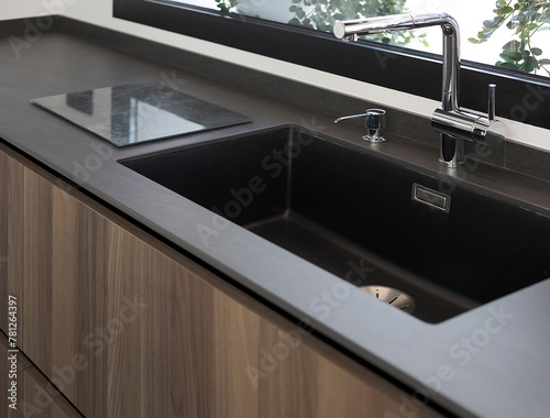 Modern kitchen with black sink and stainless steel faucet photo