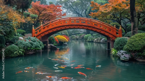 Graceful arching bridges span tranquil koi ponds, their colorful inhabitants gliding beneath the surface, symbols of resilience and good fortune in Japanese culture.