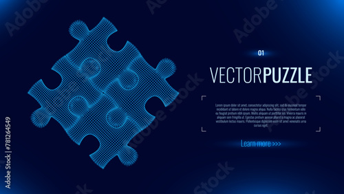 Blue Digital Puzzle. Business Strategy, Success Solution, Jigsaw Puzzle Games Symbol. Solution Idea Metaphor. Creative Idea, Teamwork, Connection, Hi Tech Startup Concept. Vector Illustration.