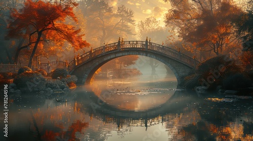 Ornamental bridges arch gracefully over winding streams, their arched reflections mirroring the beauty above, creating a sense of unity between earth and sky. photo