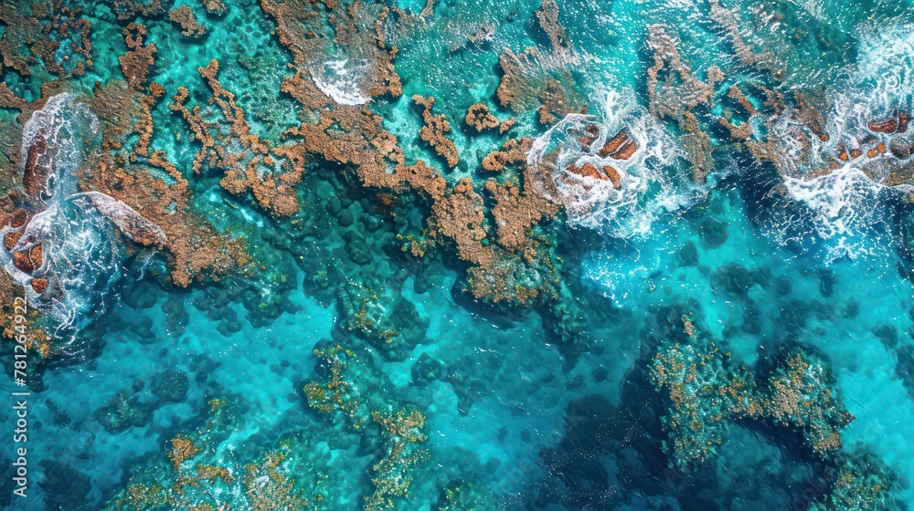Striking coral reefs stretch beneath the turquoise waters of the Coral Sea.