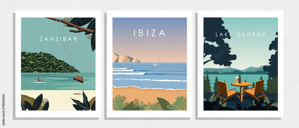 Set of wall posters, travel banners, postcards, covers
