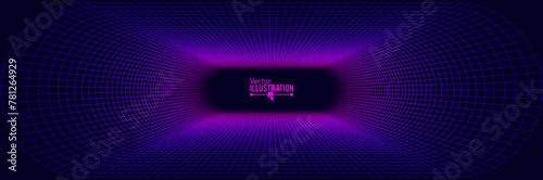 Synthwave Grid Tunnel. Grid Frame Retrowave Party Flyer Background. Round Tunnel Mesh Backdrop. Abstract Digital Background. Vintage Computer Virtual Reality VR Tunnel Technology Vector Illustration.