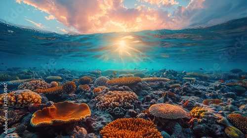Striking coral reefs stretch beneath the turquoise waters of the Coral Sea. photo
