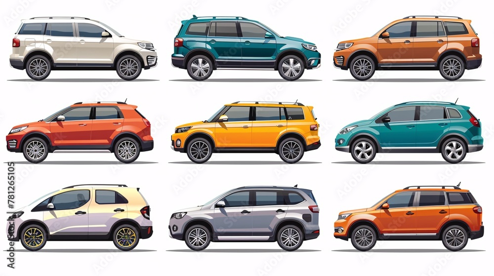 Contemporary fleet of cars with different body styles, including compact, hatchback, sedan, SUV, and minivan. Isolated icons on a white background.