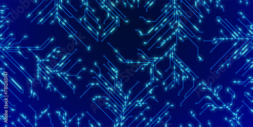 Abstract CPU Computer Microchip Technology Circuit Board Background. Digital Data Transfer through Tech Lines. Motherboard Digital GPU Chip Blue Banner. Cyber Vector Illustration.