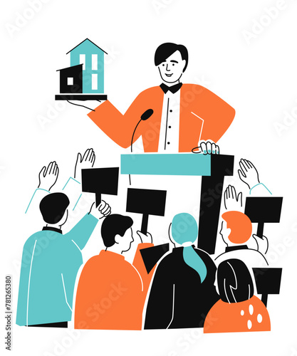 House up for auction - colorful flat design style illustration with linear elements. Orange and light blue picture with bidding among a group of people for real estate. Bets are made. Sale idea