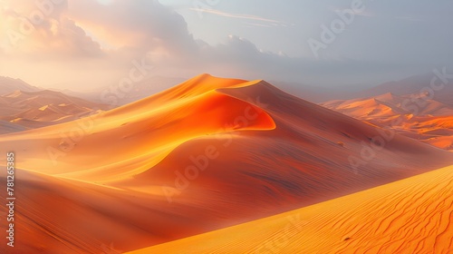 Surreal beauty of the Sahara Desert stretches out endlessly. The golden sand dunes change with the desert wind like waves in an ocean of sand.