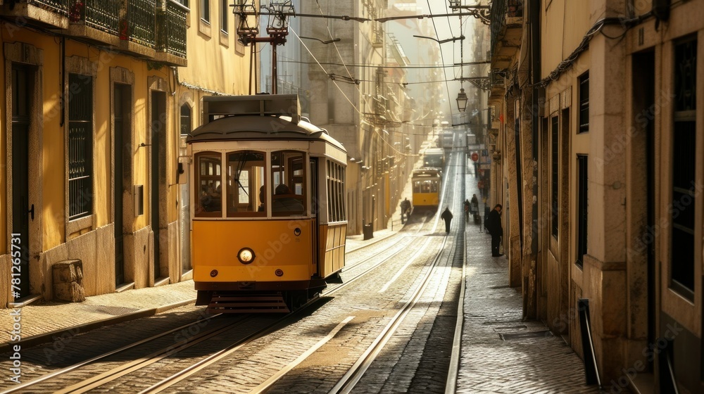 Romantic Lisbon street with the typical yellow tram and Lisbon Cathedral on the background