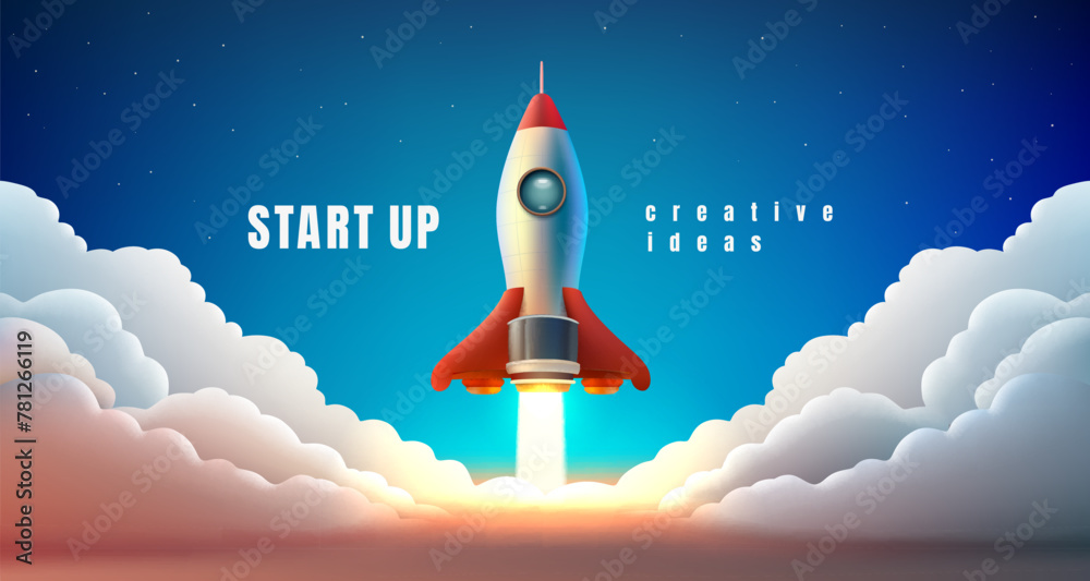 Rocket space startup, creative idea cover, landing page web site, Vector illustration  - obrazy, fototapety, plakaty 