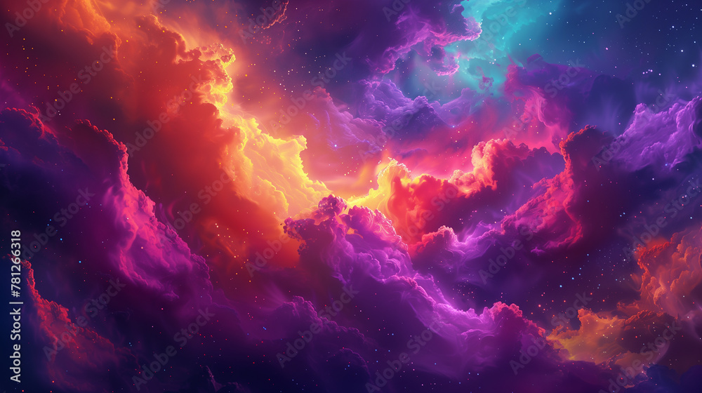 Colorful space scene with purple clouds in the center. The sky is full of stars and bright colors. - obrazy, fototapety, plakaty 