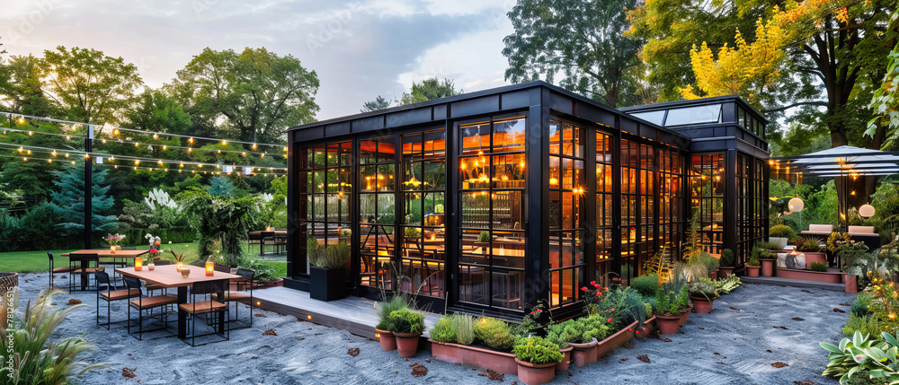 Fototapeta premium Rustic Greenhouse in Nature, Agricultural Building Amidst Trees, Summer Gardening and Cultivation Space