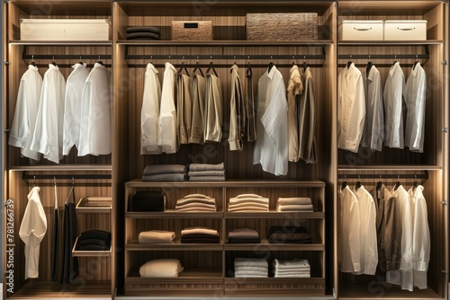 A walk-in closet packed with neatly arranged mens clothing items photo