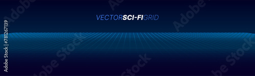 Blue Glowing Grid of Curved 3D Stage. Perspective Grid. Wide Black Blueprint Background Texture.