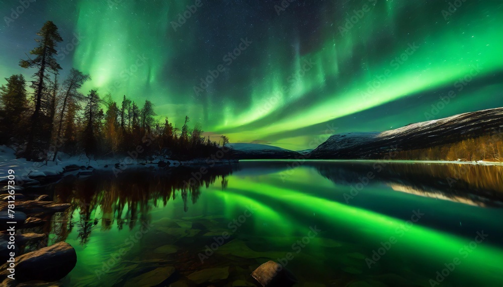 northern lights reflected on lake lapland finland scandinavia europe