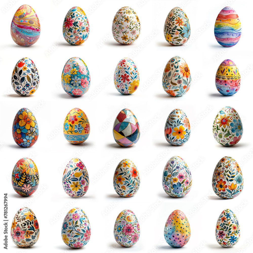 Square collage of handpainted Easter eggs on white background