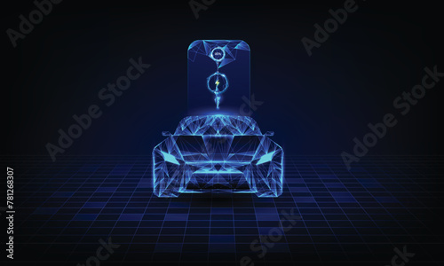 Technological advancement rechargeable EV car using alternative clean and sustainable energy. Low poly wireframe vector illustration in futuristic hologram style.