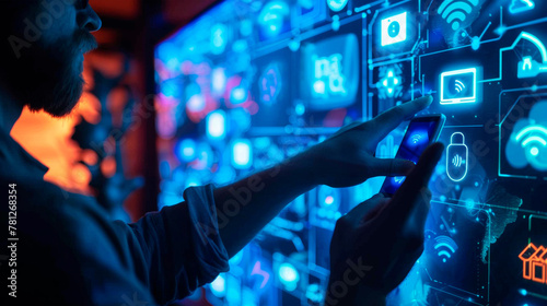 Man interacting with a high-tech control panel, signifies smart technology and futuristic control systems. Banner. Copy space