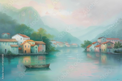 Scenic painting of a small boat floating down a river in front of a mountain village under the clear blue sky © VICHIZH