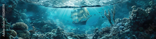A serene underwater scene showcasing a shipwreck surrounded by vibrant coral life and crystal-clear water photo