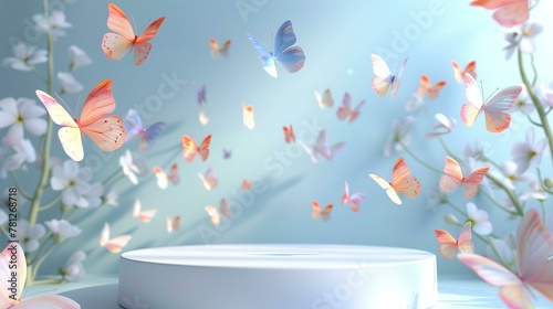 White round podium with butterflies flying around, pastel blue background, soft lighting, 