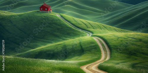 Tranquil Countryside Landscape with Red House