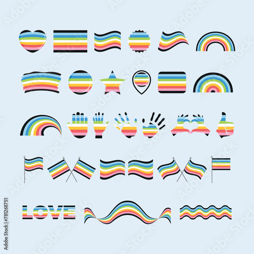 Queer Pride Flag and symbols many icon set vector. Queer pride flag graphic design element isolated on a gray background. Queer icons in flat style photo