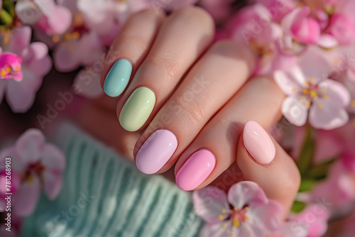 Manicure with Colorful Nails Against Floral Background