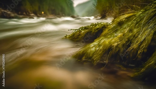 green seaweed in the brown river water